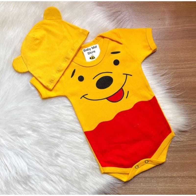Body temático mesversário bebê Ursinho Pooh e touca ou laço