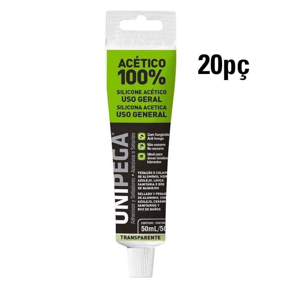 20 pç Silicone Incolor Acético Bisnaga 50 ml Unipega