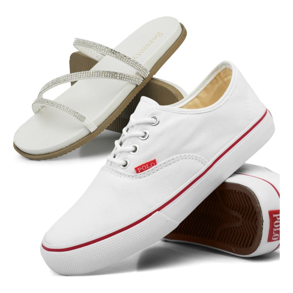 Tenis Branco Casual Feminino Kit Chinelo Papete Brilho