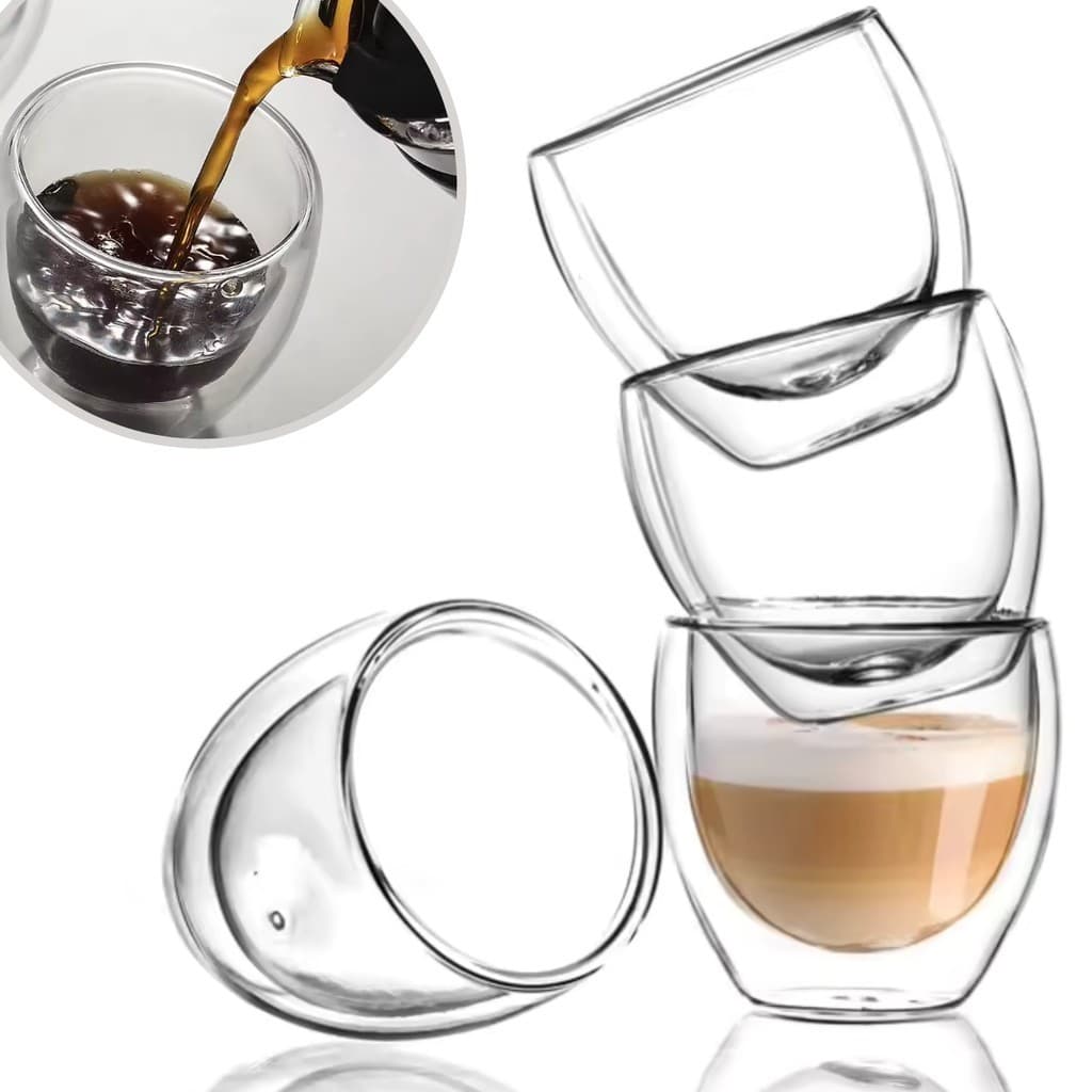 Jogo 4 Copos Vidro Duplo 80ml De Cafezinho Parede Dupla Sem Alça Para Bebida Café Chá  Capuccino
