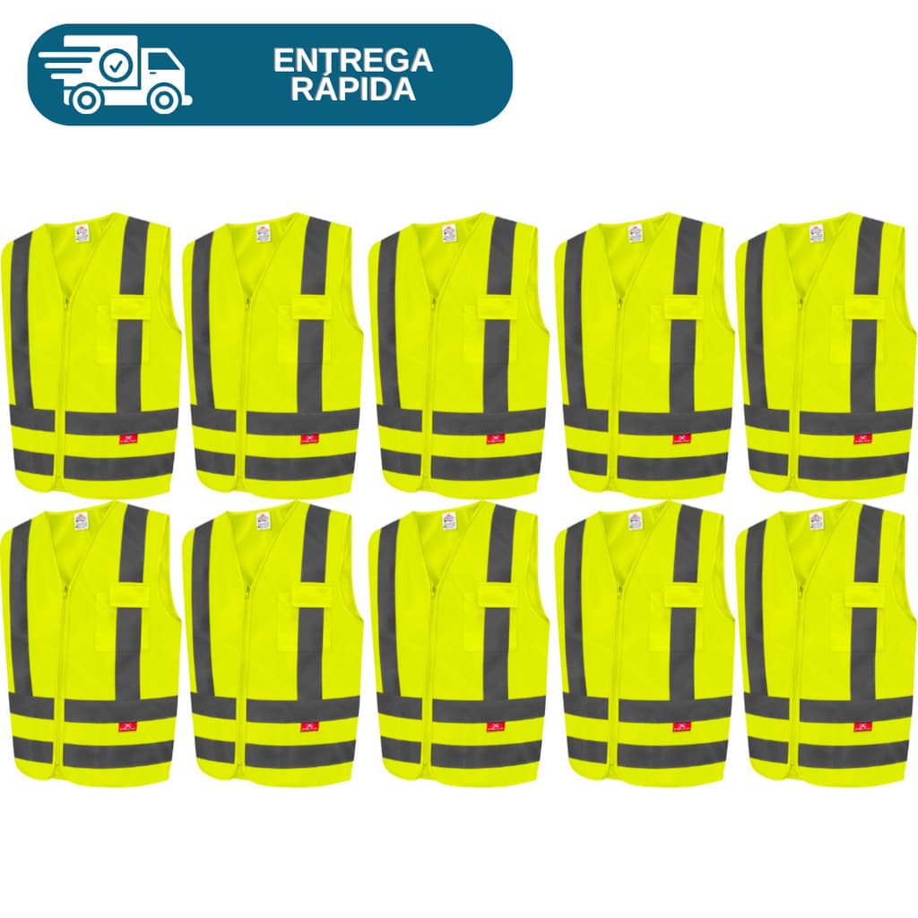 Kit 10 Colete De Sinalização Refletivo Com 1 Bolso Fechamento Em Zíper Tipo Blusão Obras Rodovias