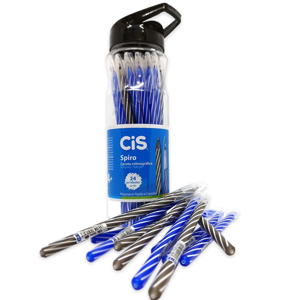 Caneta Spiro CiS Azul e Preta Garrafa Pote - 24 Unidades