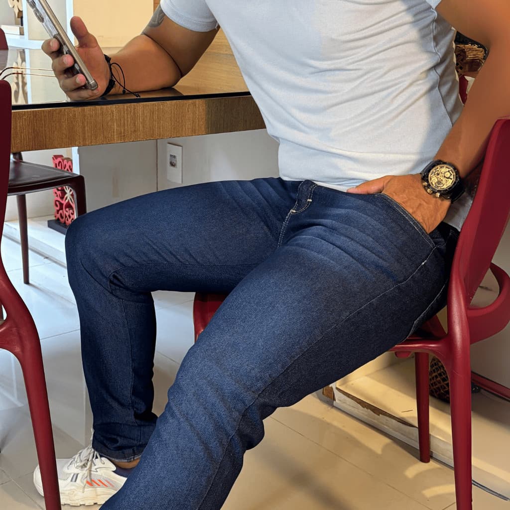 Calça Masculina Jeans Slim Azul Bigode Lycra Elastano Premium Conforto Versatilidade Presente Pai