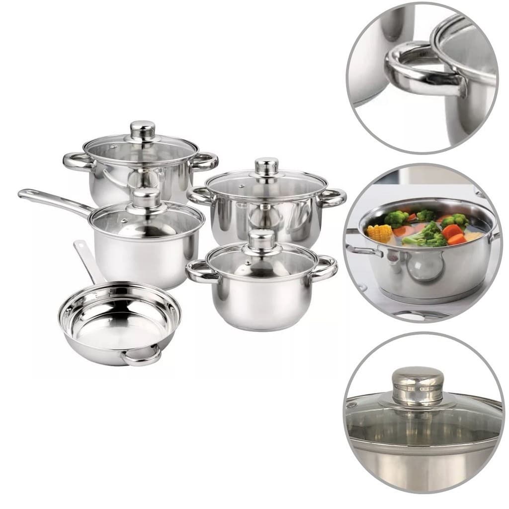 Jogo Panelas 5 Pçs Aço Inox Tampa Vidro Saída Vapor Cozinha Conjunto Resistente Alimentos Cozinhar