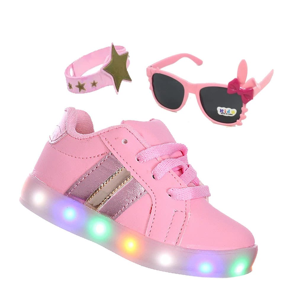 Kit Tenis Infantil Com Luzinha de Led + Oculos Rosa e Pulseira