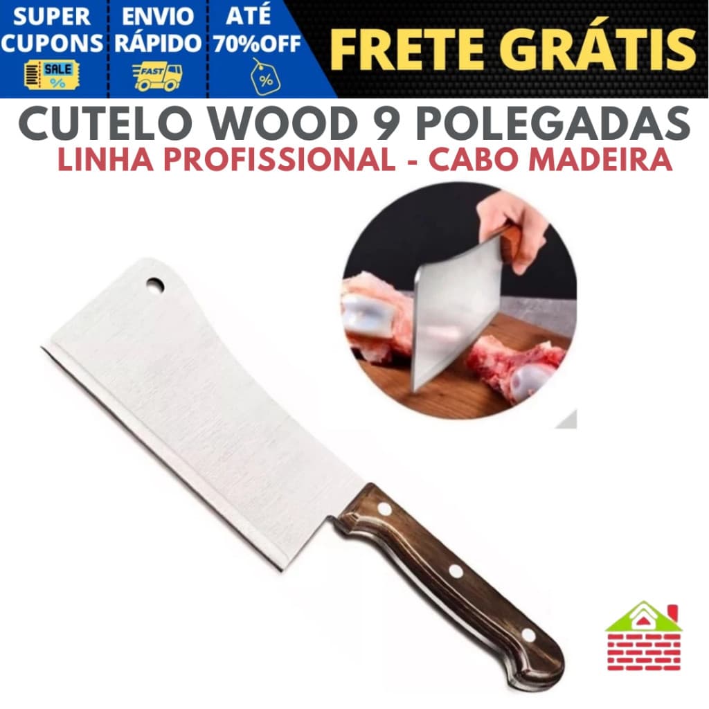 Cutelo Faca 9 Profissional Wood Cabo De Madeira Super Reforçado Machadinha Açougueiro
