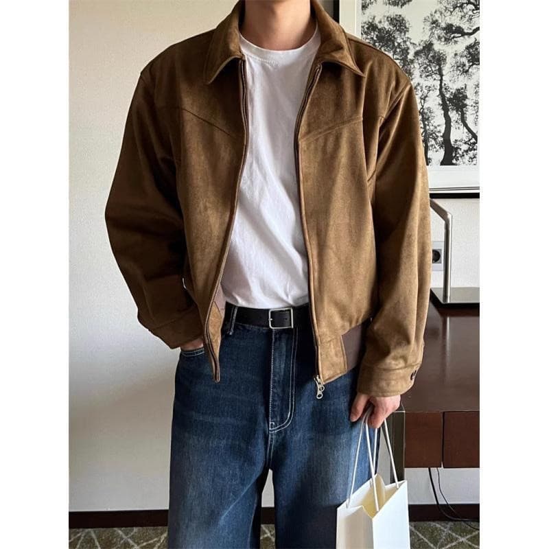 Jaqueta Masculina Tecido De Camurça Versão Coreana Lapela Solta Simples Temperamento Monocromático