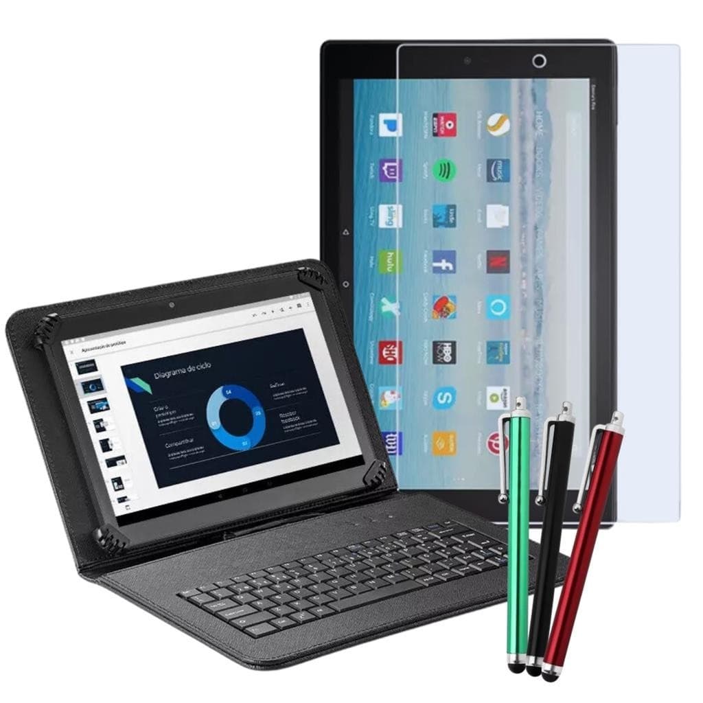 Capa preta com Teclado p/ Tablet Amazon Fire HD 10 + Pelicula Hidrogel p/ Faculdade