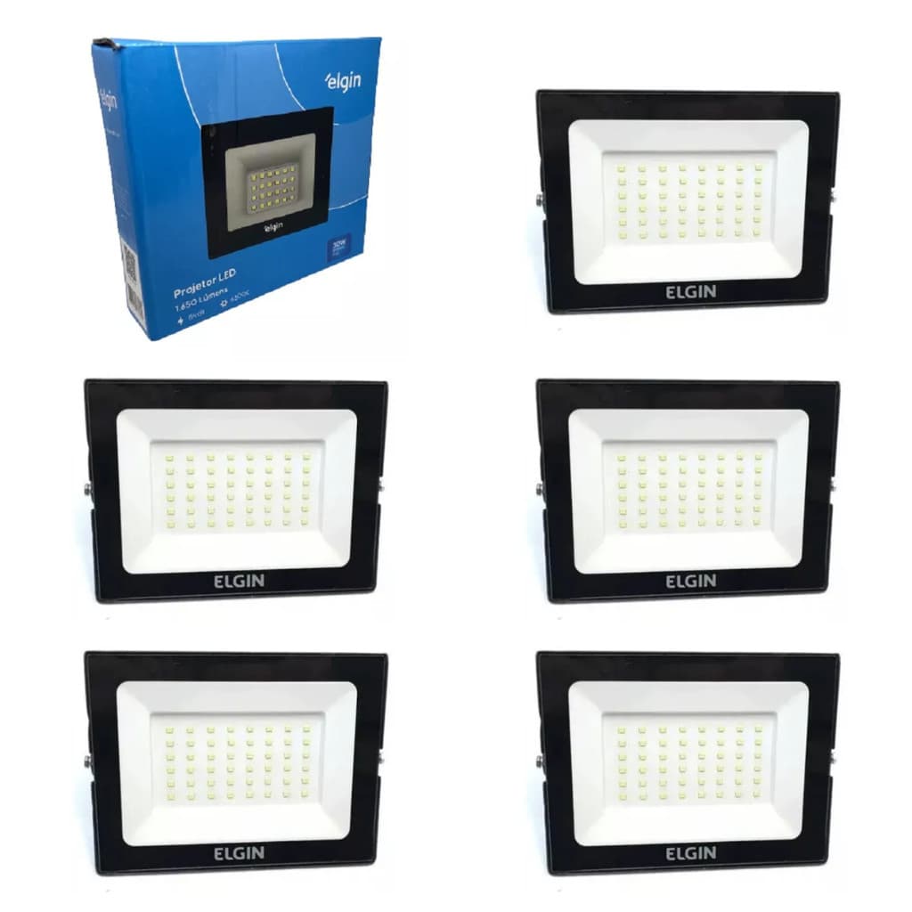 Refletor Projetor Luminária LED 30W 6500K Preto Kit com 5 - Elgin