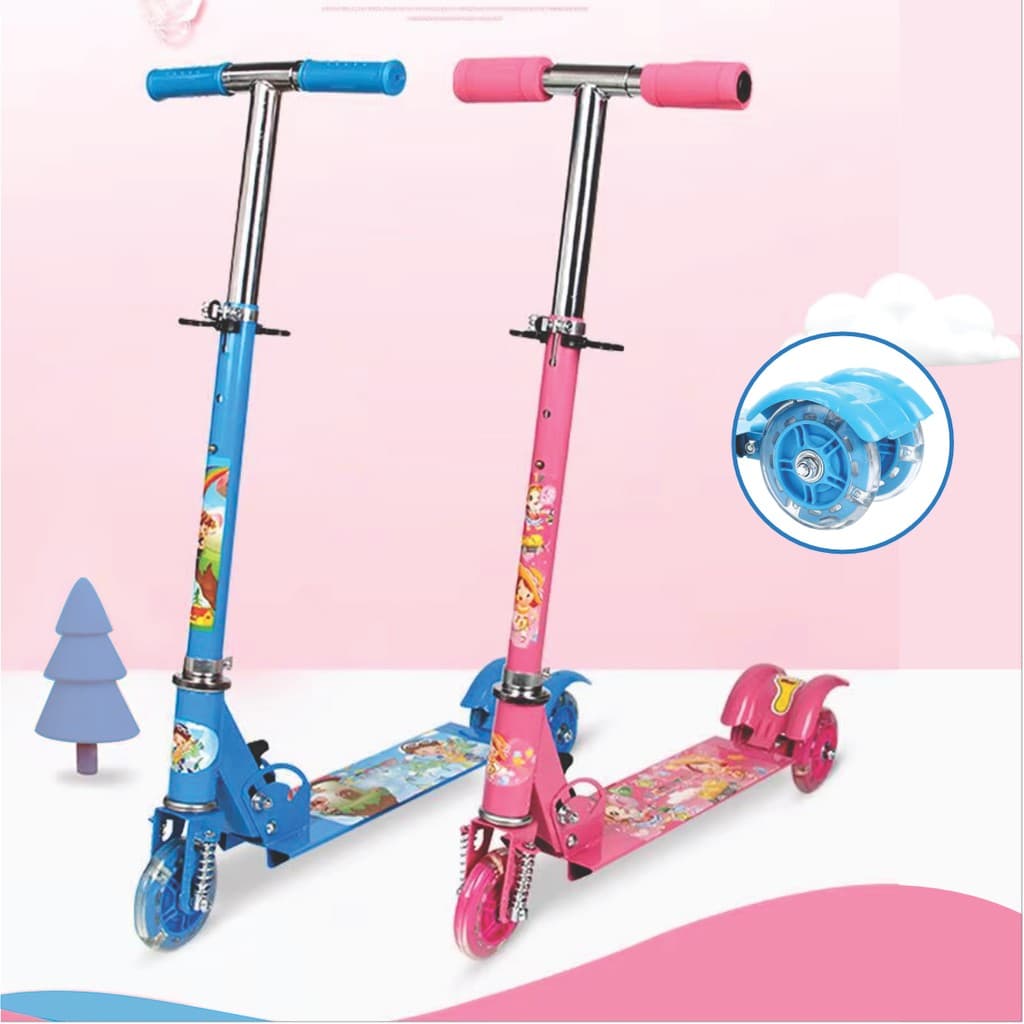 Patinete Infantil Menino e Menina 3 Rodas Com luzes Ajustável Azul e Rosa