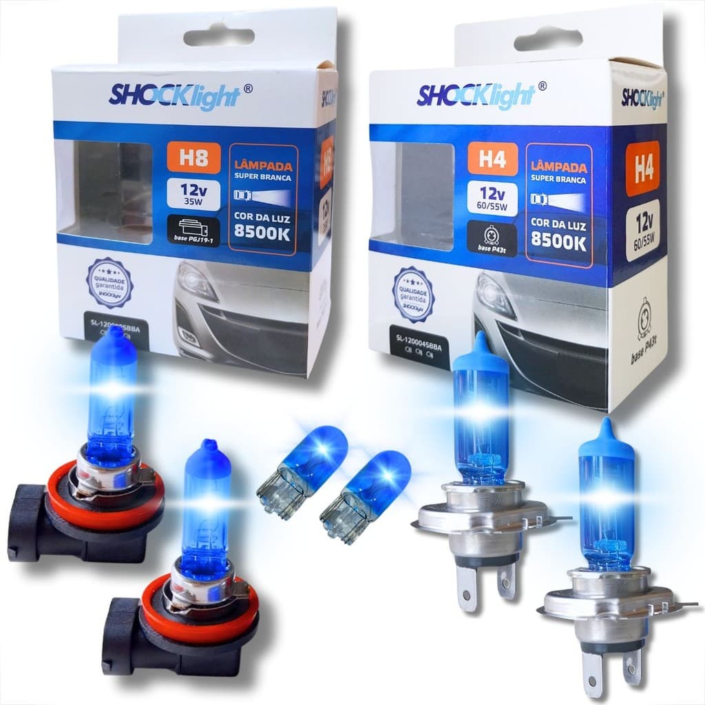 KIT PAR LÂMPADAS SUPER BRANCA H4 + H8 8500K + PAR PINGO T10 UNIVERSAL SHOCKLIGHT