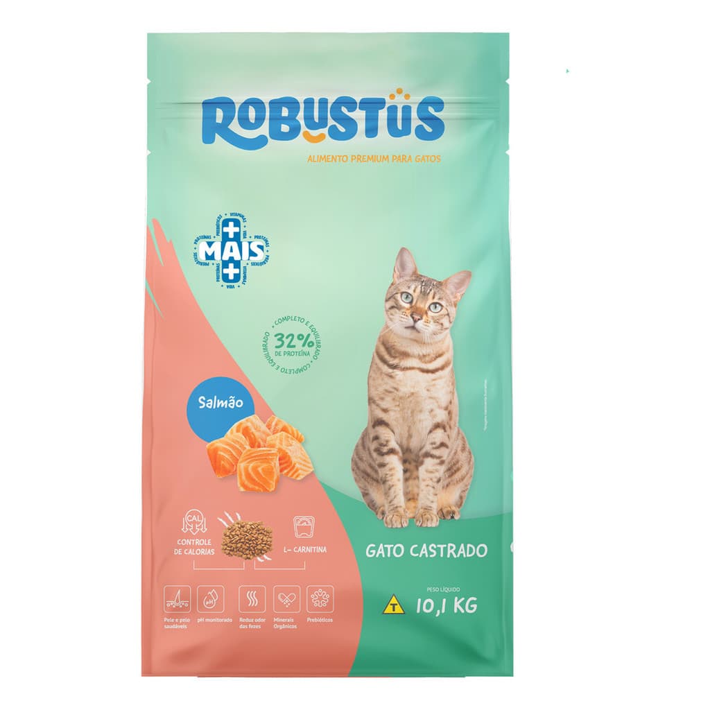 Ração Seca Premium Linha +Mais Balanceada Reduz Alergia Gato Gatos Castrado Salmão 10,1kg Robustus