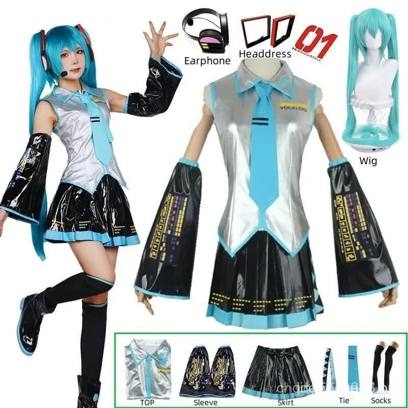 Anime Miku Cosplay Costume Wig Headwear Conjunto Completo de Acessórios de Festa de Halloween para Meninas Femininas