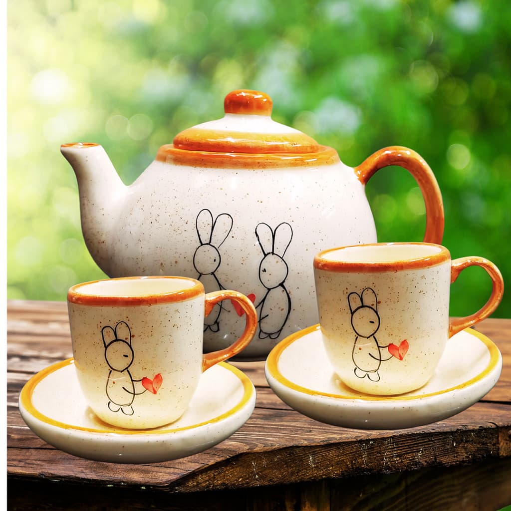 Kit de Café 1 Bule + 2 Xícaras para café Caneca Decorado Coelho da Páscoa Cerâmica