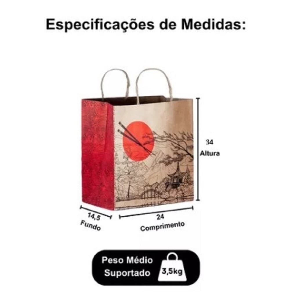 Kit Sacola De Papel Tamanho M 24x34x14,5 Cm Kraft Pardo com Desenho Oriental - Para Delivery Food Presente Entrega