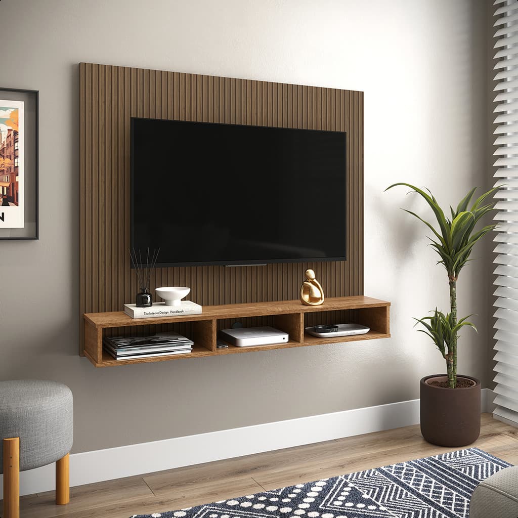 Painel para Tvs até 50 polegadas Sol Prateleiras nicho quarto sala escritório - Nature Marrom- Prado móveis