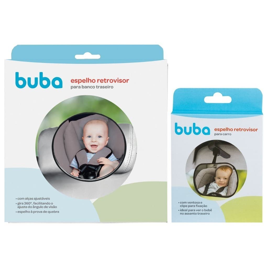 Kit Espelho Retrovisor Redondo Banco Traseiro Bebê Conforto Cadeirinha Carro e Espelho Retrovisor Dianteiro Pequeno Buba
