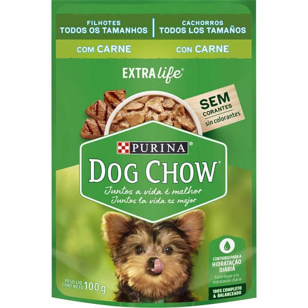 Ração Úmida Dog Chow Filhotes - Todos os Tamanhos - Sabor Carne - Sachê 100g - Caixa Fechada com 15 unidades.