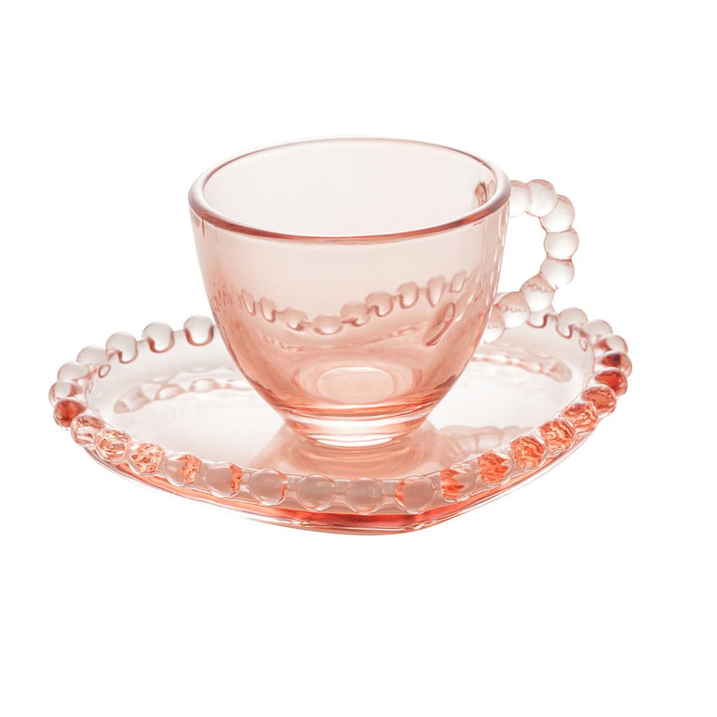 Xícara de Cristal p/Café com Pires Bolinha Rosa 85ml - Unid.