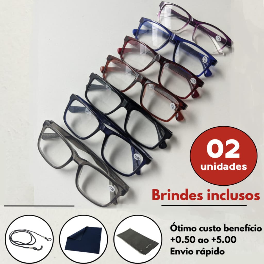 Kit com 02 Óculos Para Leitura / Descanso / Unissex + Cordão Capinha e Flanela 0.50 até 5.00 Escolha a cor