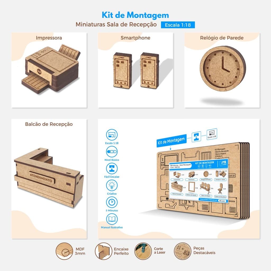 Kit de Montagem 11 Miniaturas Sala de Recepção Hospitalar Escala 1:18 Maquete Diorama Puzzle 3D