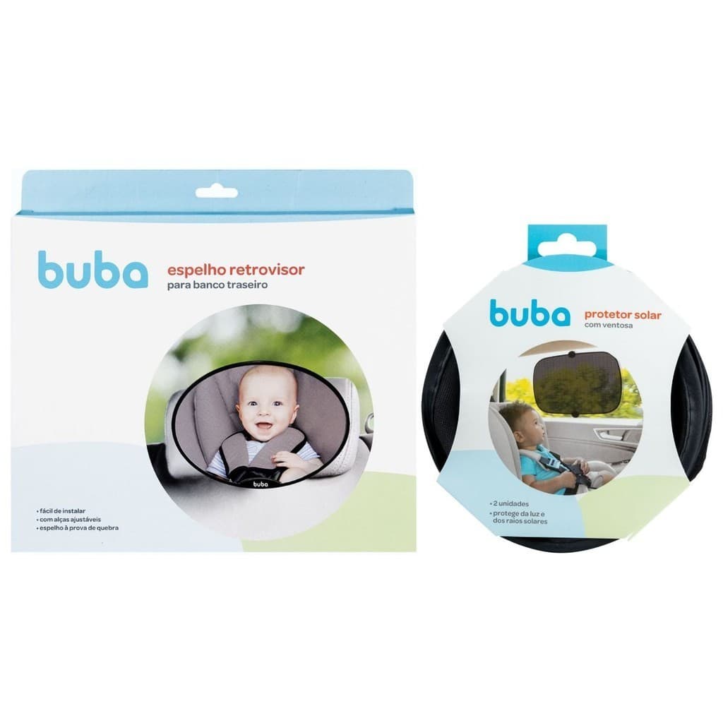 Kit Espelho Retrovisor Oval Banco Traseiro Bebê Conforto Cadeirinha Carro e Kit Protetor Solar com Ventosas Buba