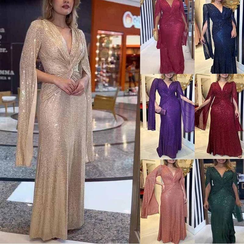 Mulheres Elegante Twist Knot Cintura Lantejoulas Vestido Slim Maxi Vestido Feminino V-neck Split SleeveClub Evening Gala
