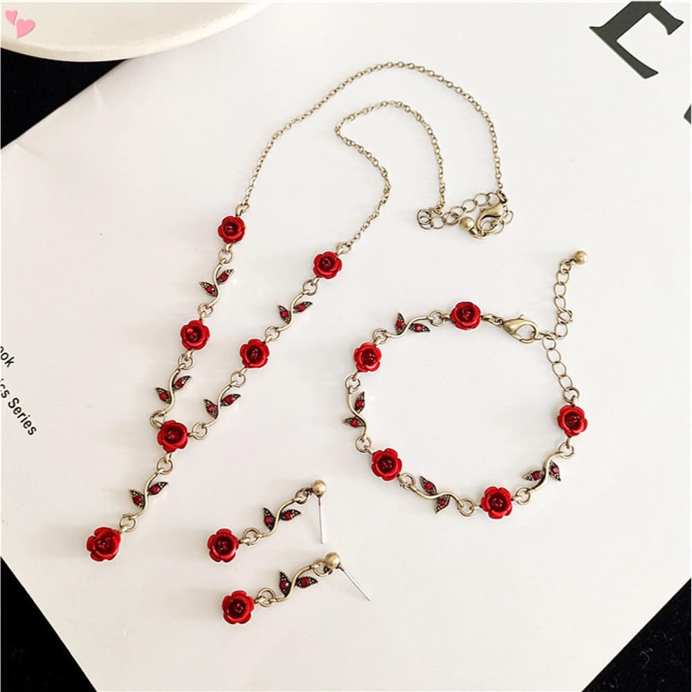 Colar Pingente De Flor De Rosa , Pulseira Brincos Em Forma De . Conjuntos De Jóias Para Mulheres E Meninas De Casamento Rose Namorados Dia Dos Vermelhas Festa De Aniversário Vermelho