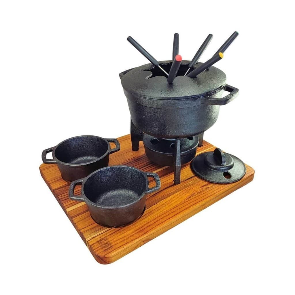 Conjunto Servir Fondue de Ferro Fundido Panela Aparelho Kit Cumbuca com Fogareiro Suporte Madeira
