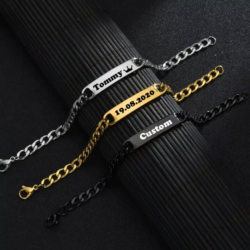 Pulseiras De Barra De Nome Personalizado , Letras De Data Gravadas Para Homens , Aço Inoxidável , Pulseira De Corrente G
