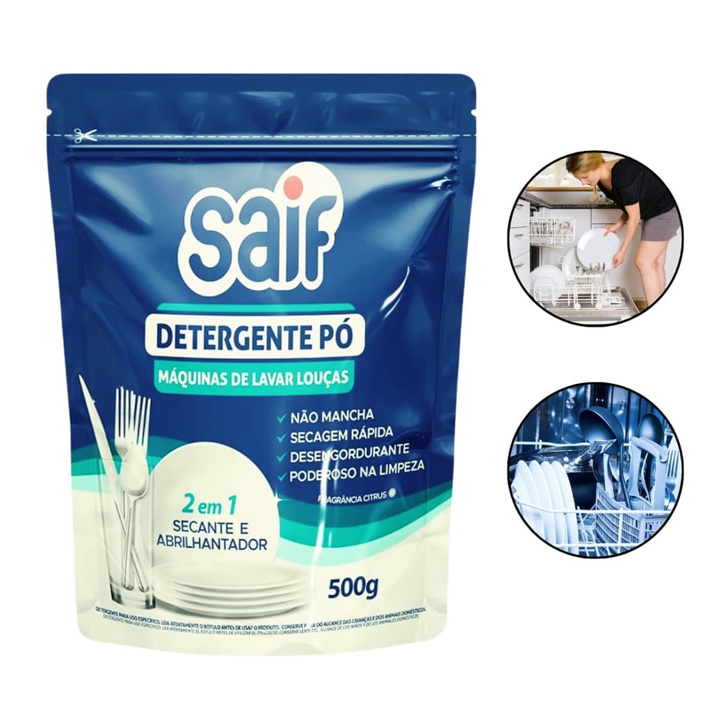 Detergente em Pó Máquina de Lavar Louças Sabão 500g Secante Abrilhantador 2 em 1 Desengordurante