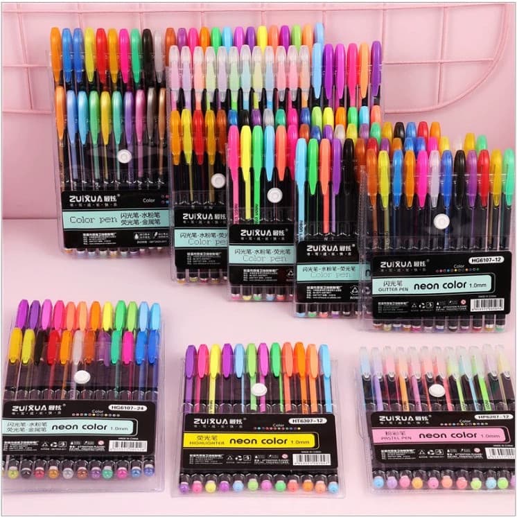 Kit com 12/24/36/48 Cores Caneta Gel ColorGel Tinta Glitter Pastel Neon Metal Escolar