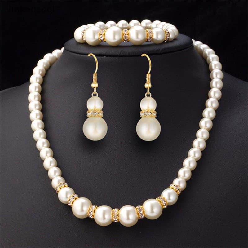 Jqbr 3em1 Conjunto Elegante Colar De Pérolas Simulado Brincos Pulseira Longo Mulher Jóias De Noiva Presente QDD