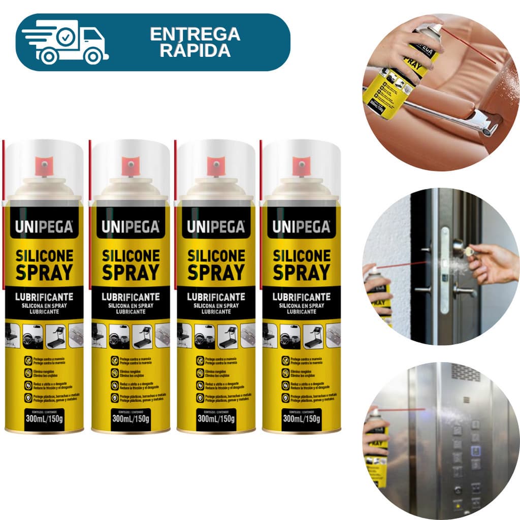 Kit 4 Silicone Spray Lubrificante 300ml Unipega Multiuso Protege Elimina Rugidos Brilho Couro Carro