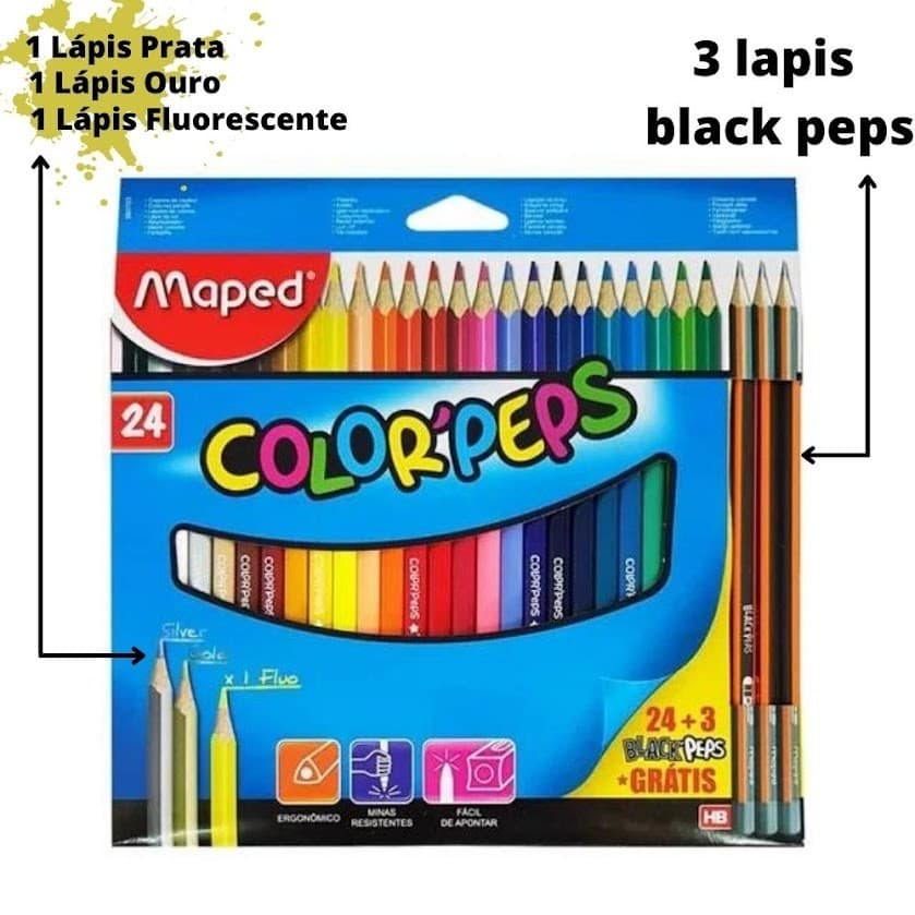 LAPIS DE COR 24 CORES + 3 LAPIS PRETO HB MAPED COLORPEPS