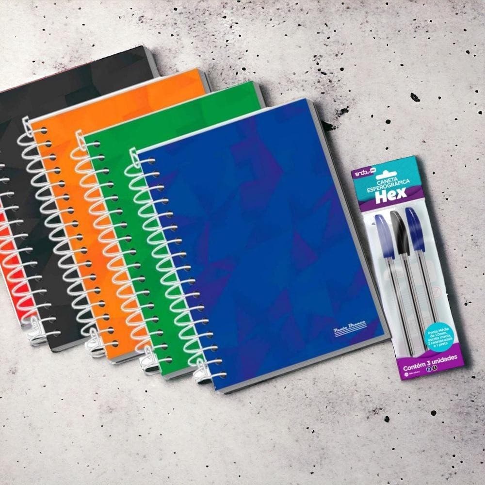 KIT 4 CADERNOS CADERNETAS DE ANOTAÇÕES + 3 CANETAS