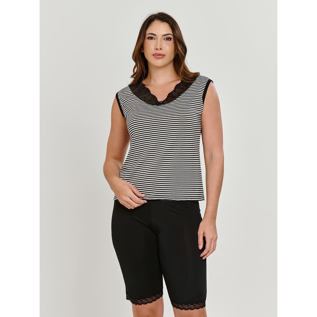 Pijama Feminino Pescador Camisa Listrada Conjunto Confortável para dormir com detalhes em Renda
