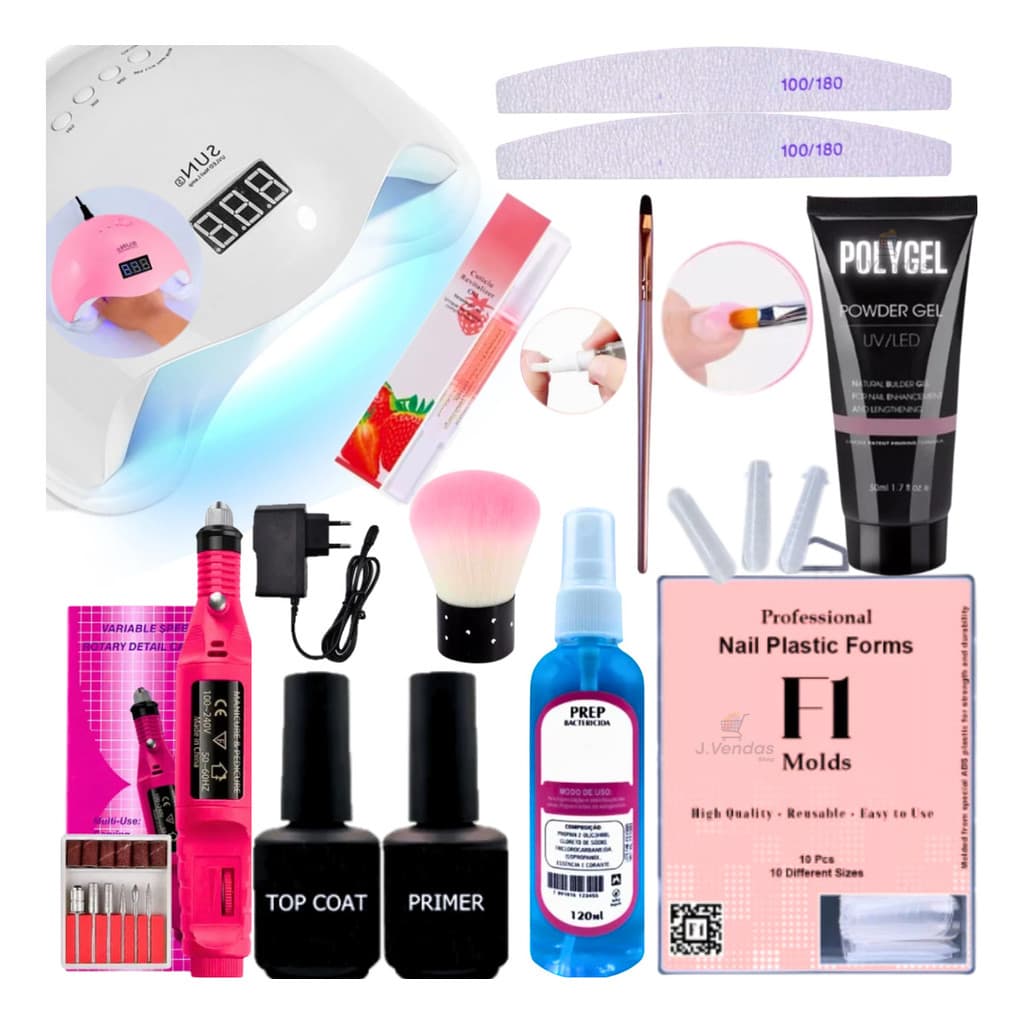 Kit De Unhas Polygel Pincel Prep Top Coat Molde F1 Completo