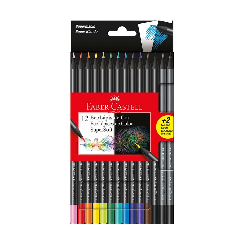 Lapis De Cor Faber Castell Super Soft 12 Cores Madeira Preta