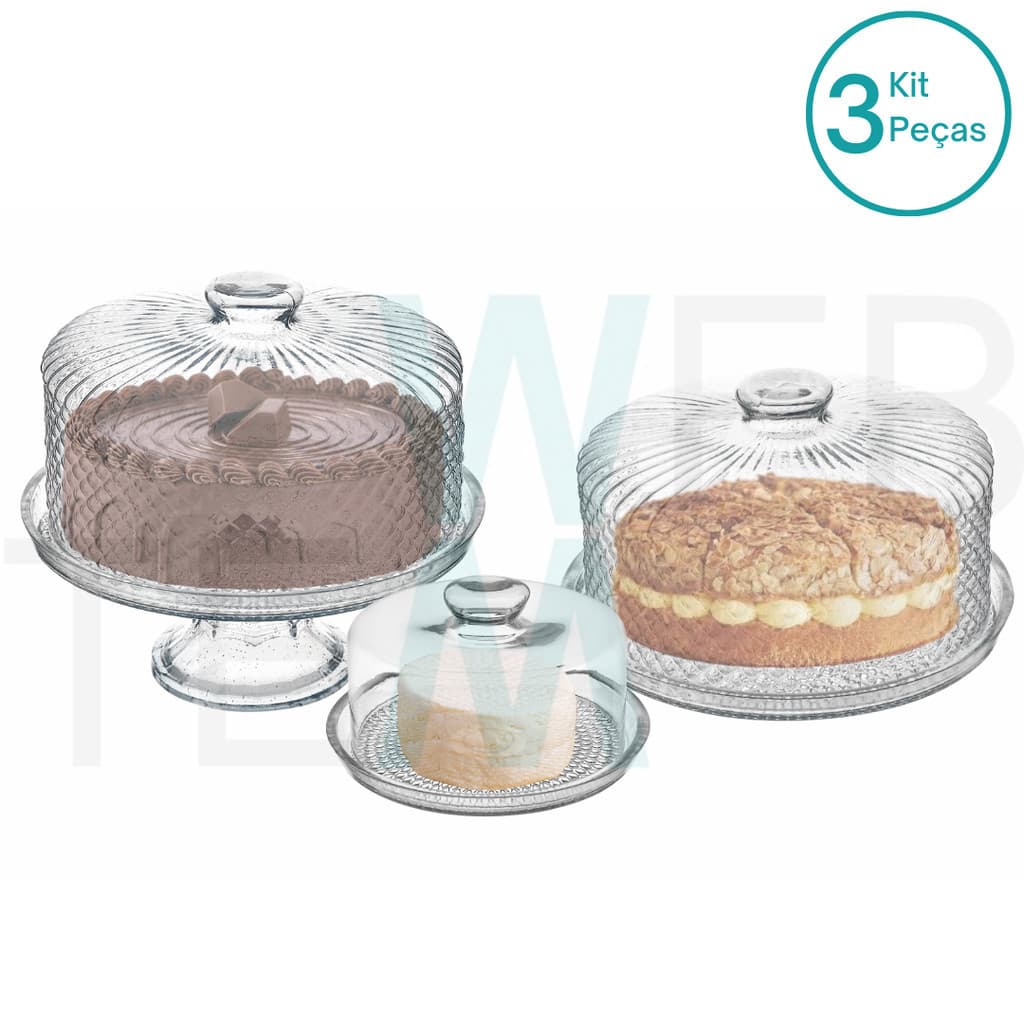 Conjunto 2 Boleiras com e sem Pé Tampa Bico de Jaca Prato 28cm para Bolo e Queijeira Porta Queijos de Vidro Vitazza para Mesa Posta, Praticidade e Estilo Sustentável na Organização e Decoração
