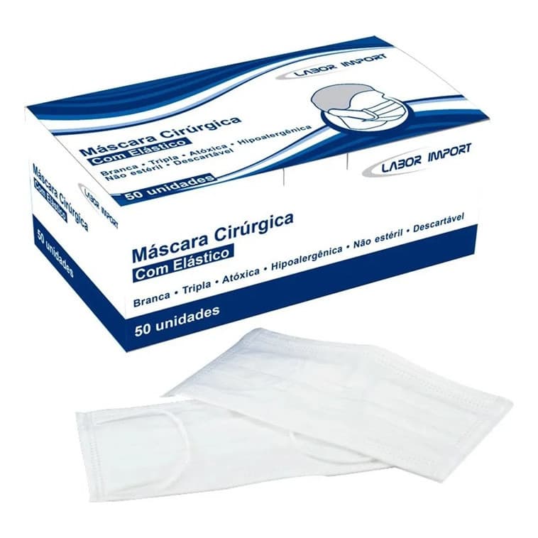 Máscara Facial Cirúrgica Tripla Com Elástico Descartável Labor Import Caixa 50 Unidades