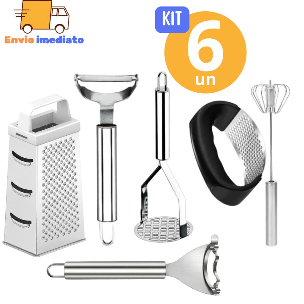 Kit Utensílios de Cozinha 6 peças em 100% Inox para Casa Amassador Batata Alho Ralador Mixer Raspador de Milho Legumes