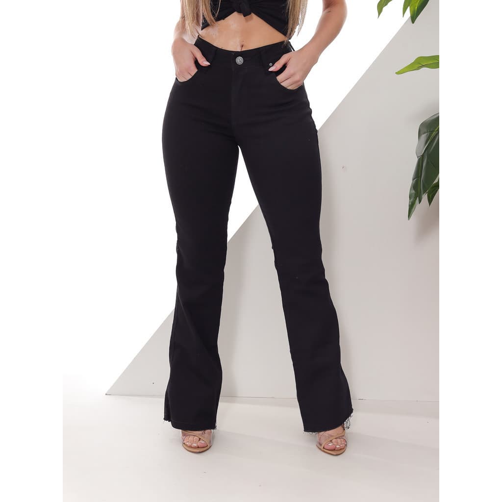 Calça Feminina Flare Jeans Preto Levanta Bumbum Cintura Alta