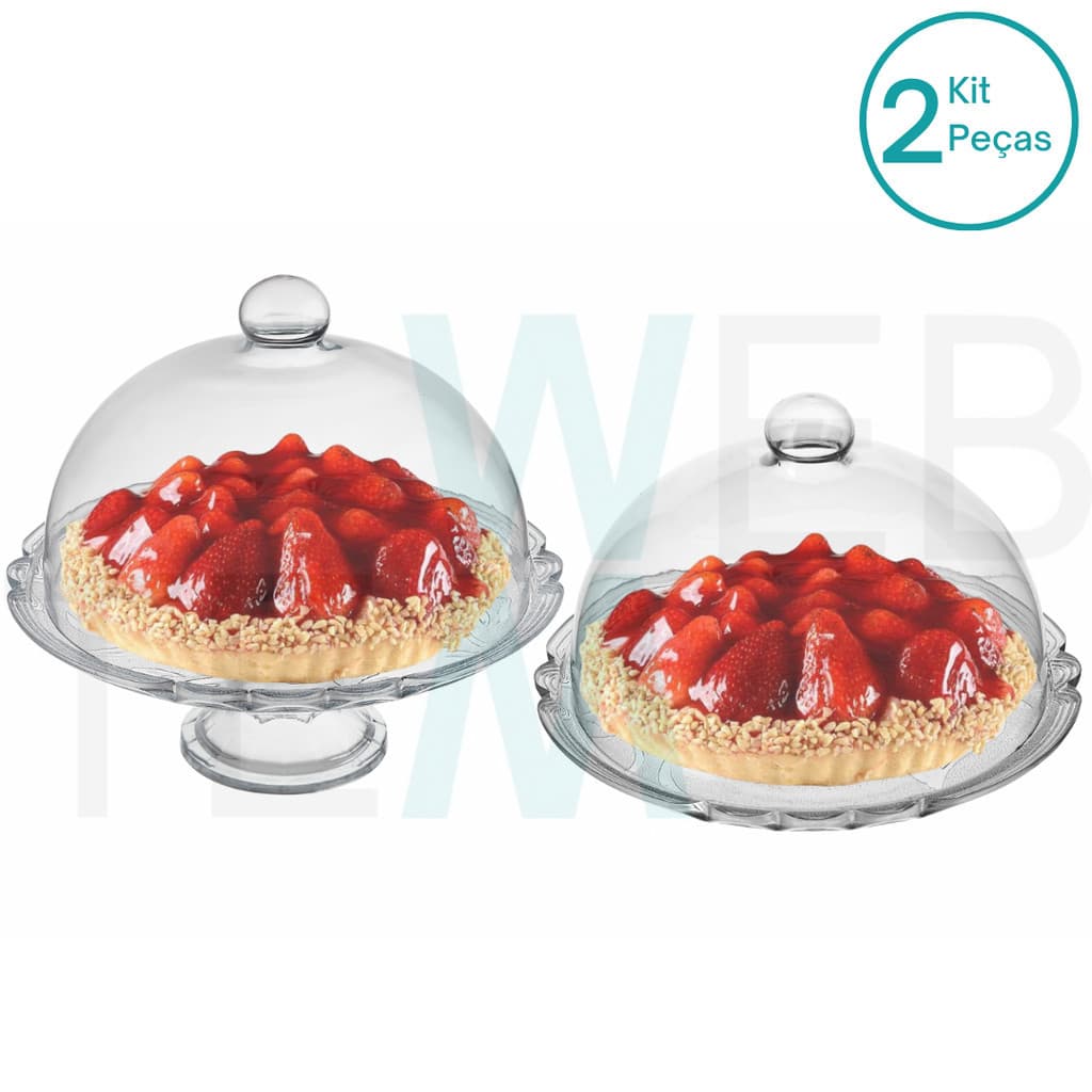 Conjunto 2 Boleiras de Vidro com e sem Pé e Tampa Lírio Vitazza Prato 32cm Suporte para Bolo, Doces, Festas, Decoração, Organização, Mesa Posta Elegante e Sustentável