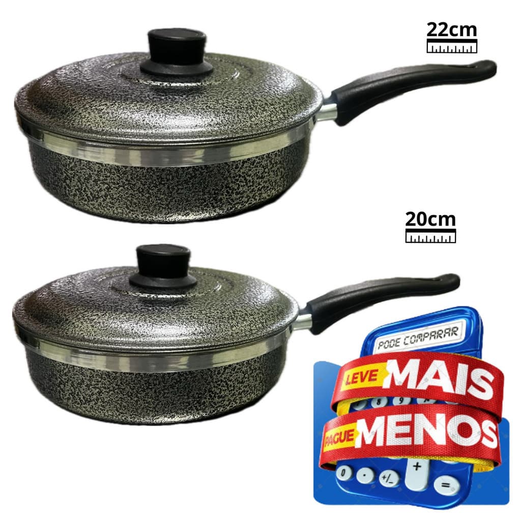 KIT 2 Frigideiras de Aluminio Craquelado  e Polido com Tampa N°20, N°22