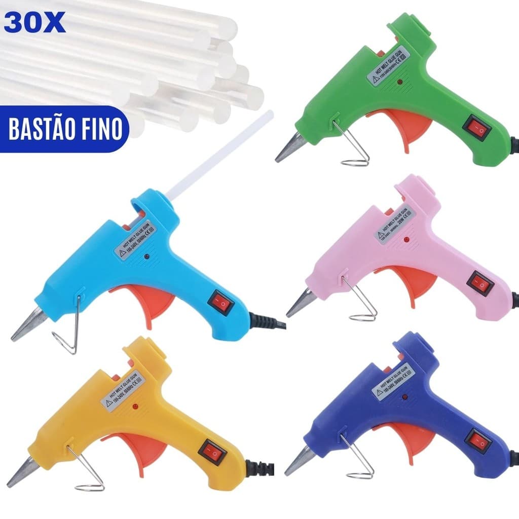 Pistola de Cola Quente Fina 20W Bivolt 110/220V Profissional + Bastões 7mm Botão LIGA/DESLIGA
