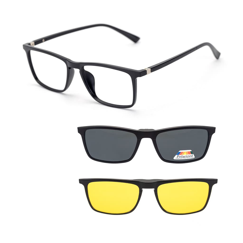 Óculos De Sol Masculino Polarizado Preto Armação Para Grau Clip On 3 em 1 Adicional Magnético Quadrado Mod 2249
