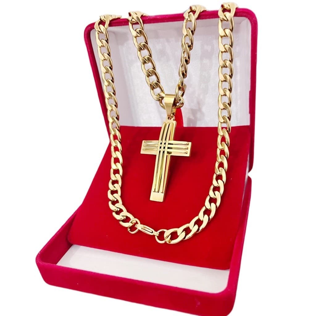 Exclusivo Colar Masculino + Pingente Cruz Grossa Banhado a Ouro
