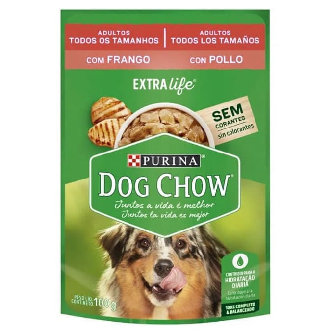 Ração Úmida Dog Chow Adultos - Raças Médias e Grandes - Sabor Frango - Sachê 100g - Caixa Fechada com 15 unidades.