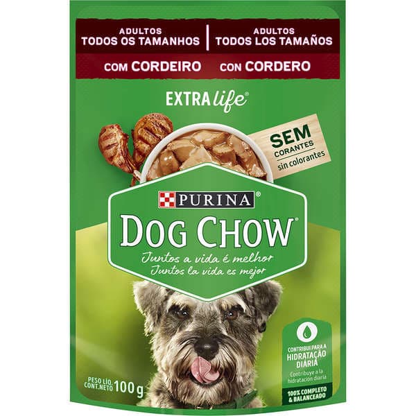 Ração Úmida Dog Chow Adultos - Raças Médias e Grandes - Sabor Cordeiro ao Molho - Sachê 100g - Caixa Fechada com 15 unidades.